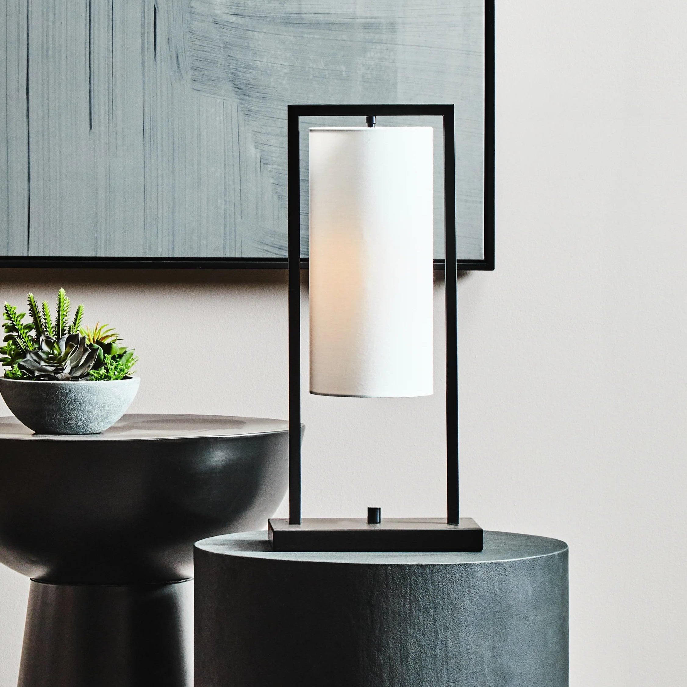 Calvo Black Rectangular Table Lamp with White Linen Shade